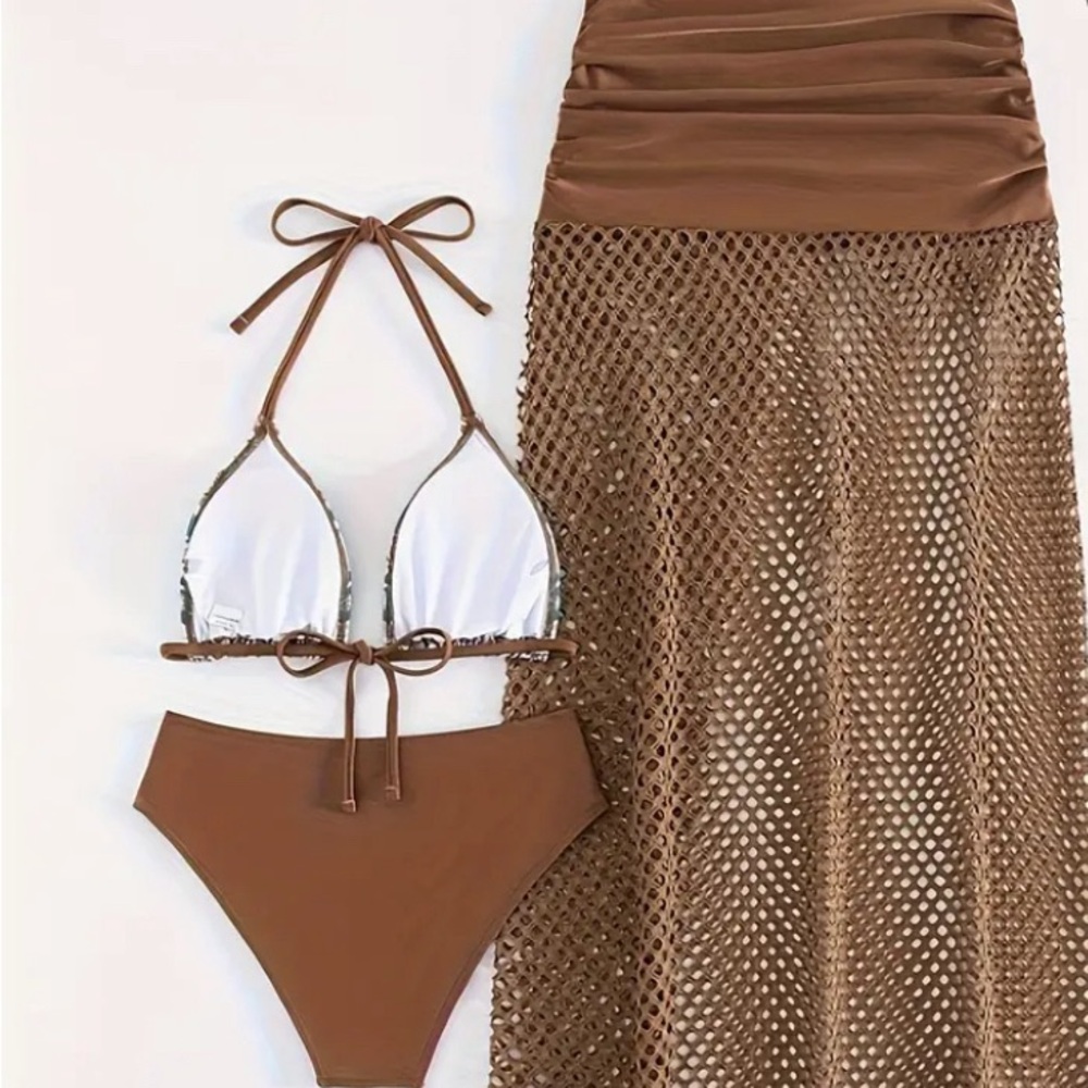 NWOT Trendy Tribal Print Halter Bikini Set - High Cut Hollow Out 3-Piece |Size L